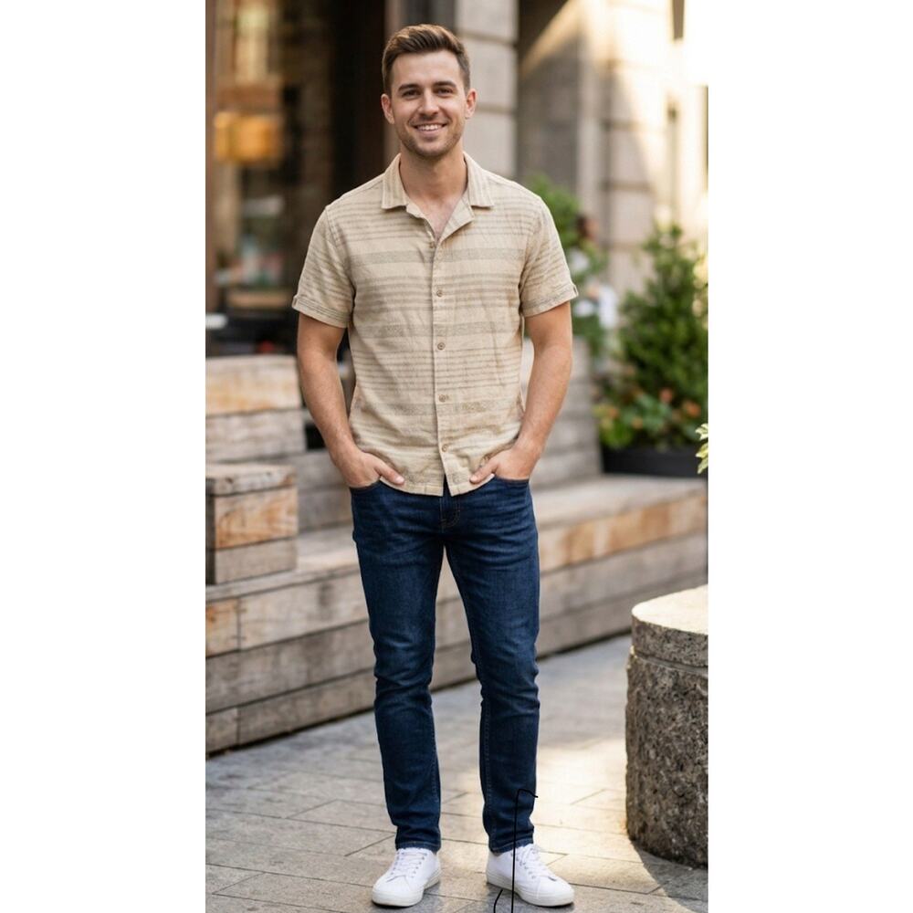 Ben Sherman Shirt Short Sleeve Beige Striped Button Up Cotton Blend Textured L